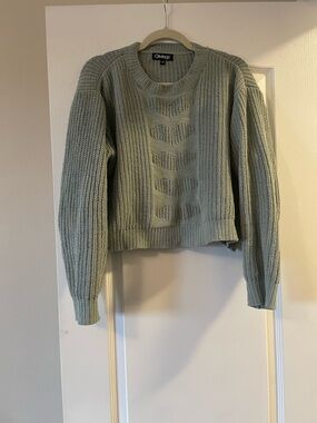 Sage Green Knit Heart-Pattern Crewneck Sweater
